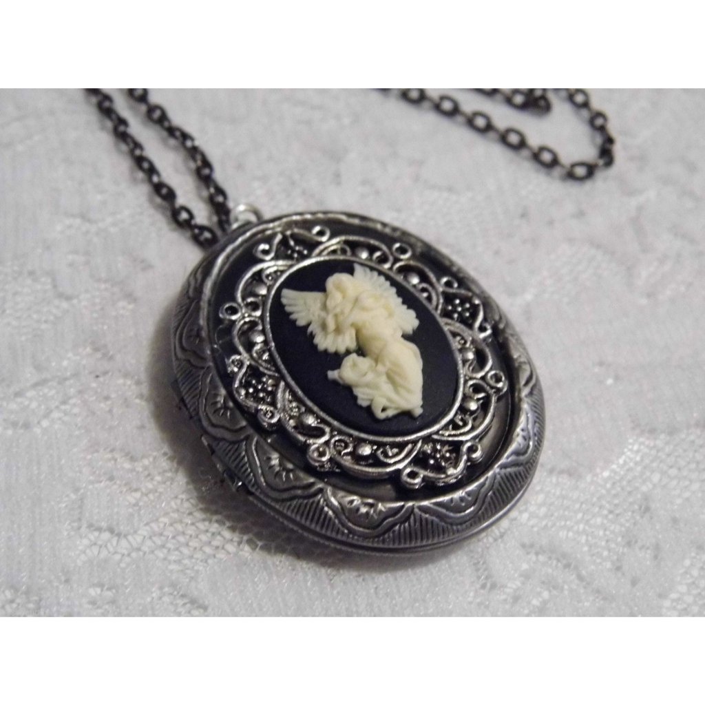 Christmas Gift Mom Daughter Angel Guardian Antique Silver Locket Necklace Photo